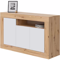 Buffet/ meuble de rangement en panneau de particules mélaminé coloris blanc mat et chêne. de 3 portes et 1 niche. Dimensions  ...