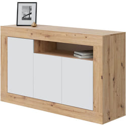 Buffet meuble de rangement en panneau de particules mélaminé coloris blanc mat et chêne - Hauteur 87 x Longueur 144 cm x Profondeur 42 cm Pegane