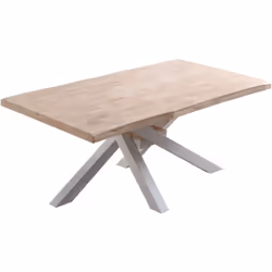 Table à manger rectangulaire en bois avec plateau en bois coloris chêne nordique. Pieds métalliques croisés coloris blanc. Di ...