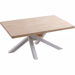 Table à manger rectangulaire en bois avec plateau à bords droits en bois coloris chêne nordique. Pieds en métal croisés color ...