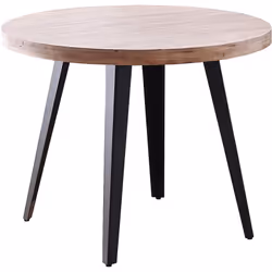 Table à manger en bois avec plateau rond en bois coloris chêne miel. Pieds en métal coloris noir avec finition époxy mat. Dim ...