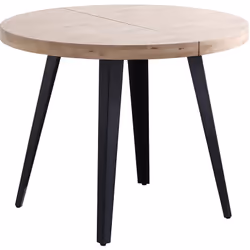 Description générale Table à manger ronde extensible en bois avec un élégant coloris chêne nordique et des pieds en métal noi ...
