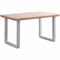 Table à manger rectangulaire avec plateau extensible en bois de chêne avec finition chanfrein. Pieds en métal blanc avec coin ...