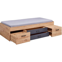Lit multi-rangements 90x200 coloris Chêne Artisan/anthracite- Longueur 203,6 x Profondeur 94,2 x Hauteur 48,3 cm Pegane