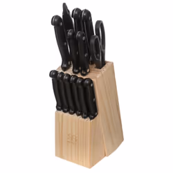 Contient un bloc, un aiguiseur, une paire de ciseaux, 6 couteaux à steak et 5 couteaux de cuisine (couteau chef, à pain, à tr ...