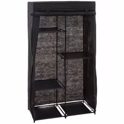 Armoire penderie modulable en tissu coloris noir, comprend 3 penderies et 5 étagères. A monter soi-même. Dimensions : Longueu ...