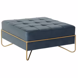 Banquette en métal et velours coloris bleu et pieds doré Dimensions : Longueur 80 x Profondeur 80 x Hauteur 47 cm Matière : M ...