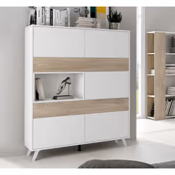 armoire vitrine, buffet haut en panneau de particule mélaminé coloris blanc/chêne; Il dispose de 5 portes à ouverture push et ...