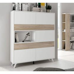 Armoire vitrine, buffet haut coloris blanc/chêne - Longueur 120.9 x Profondeur 39.6 x Hauteur 156 cm -PEGANE-