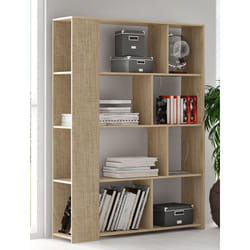 Bibliothèque, meuble étagère coloris chêne cambrian/effet textile - Longueur 129 x Profondeur 32.8 x Hauteur 174 cm -PEGANE-