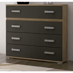 Commode, buffet, meuble de rangement en panneau de particule mélaminé coloris chêne cambrian/graphite, composée de 4 tiroirs  ...