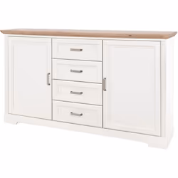 Commode en bois MDF avec 2 portes et 4 étagères. Structure en mix MDF et panneaux de particules pin blanchi et top façon corn ...