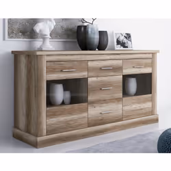 Buffet en panneau de particule mélaminé coloris Chêne vieilli, composé de 3 tiroirs et 2 portes . Dimensions : Longueur 170 x ...