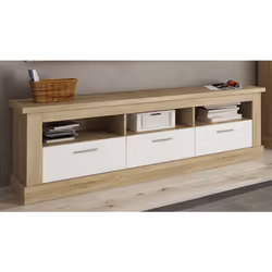 Meuble TV équipé de 3 tiroirs et 3 niches, fabriqué en mélamine coloris Chêne cambrian et blanc. Dimensions : Longueur 180 x  ...