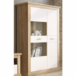 Armoire vitrine en panneau de particule mélaminé coloris Chêne cambrian et blanc; Il dispose de 2 grandes portes battantes et ...