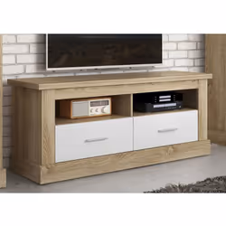 Meuble TV équipé de 2 tiroirs et 2 niches coloris Chêne cambrian et blanc, fabriqué en panneaux de particules mélaminés. Dime ...