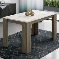 Table à manger ou table de salon rectangulaire en panneau de particule mélaminé coloris Chêne truffé et blanc vieilli. Dimens ...