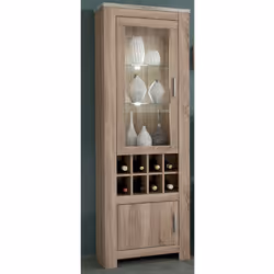 Armoire vitrine en panneau de particule mélaminé coloris chêne truffé et blanc vieilli ; de 2 portes et 8 casiers avec LED. D ...