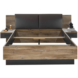 Lit adulte + 2 tables de chevet coloris Chêne foncé, Graphite - Longueur 250 x Hauteur 100 x Profondeur 210 cm