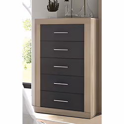 Chiffonnier, meuble de rangement équipé de 5 tiroirs en panneau de particule mélaminé coloris chêne cambrian et graphite. Dim ...