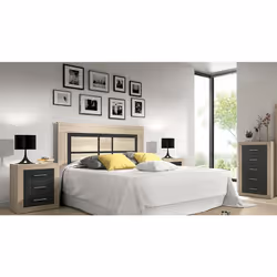 Ensemble de tête de lit avec 2 chevets + chiffonnier de 5 tiroirs fabriqué en panneau de particules mélaminés coloris chêne c ...