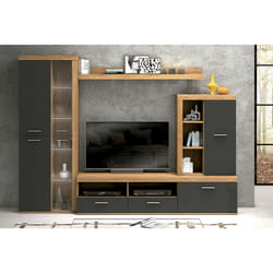 Ensemble de salon meuble tv + 1 étagère murale + armoire + meuble haut coloris chêne cambrian, graphite Pegane