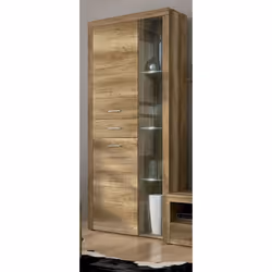 Vitrine, meuble de rangement avec éclairage LED coloris chêne vieilli. Fabriquée en panneau de particules mélaminés. Dimensio ...