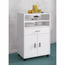 Meuble bas de cuisine avec 2 portes, 1 tiroir et 4 roulettes de déplacement coloris Blanc ; en panneaux de particules mélamin ...