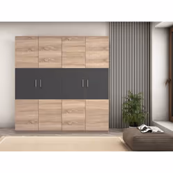 Armoire, placard meuble de rangement fabriqué en panneau de particule mélaminé coloris Chêne cambrian/graphite; Dotée de 4 po ...