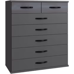 Commode, meuble de rangement coloris graphite, rechampis noir équipée de 7 tiroirs. Fabriquée en panneaux de particules mélam ...
