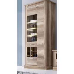 Vitrine, meuble de rangement avec LED coloris chêne vieilli, fabriqué en panneaux de particules mélaminés. Dimensions : longu ...