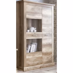 Armoire vitrine en panneau de particule mélaminé coloris Chêne vieilli; Il dispose de 2 portes, 2 tiroirs et 6 casiers. Dimen ...