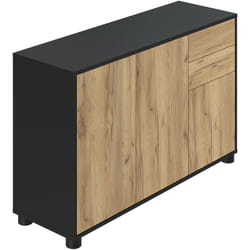 Pegane - Buffet, Commode avec 3 Portes et 2 tiroirs, Noir Mat/Chêne nature - Longueur 117 x Hauteur 74 x Profondeur 37.5 cm