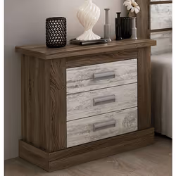Table de chevet, table de nuit avec 3 tiroirs coloris Chêne truffé,blanc vieilli; en panneau de particule mélaminé. Dimension ...