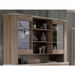Vitrine, meuble de rangement en panneau de particules mélaminés coloris Chêne truffé et blanc vieilli, équipé de 2 portes et ...