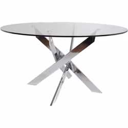 Table à manger ronde élégante avec pieds entrelacés en métal finition chromé et plateau en verre trempé de 11 mm d'épaisseur. ...
