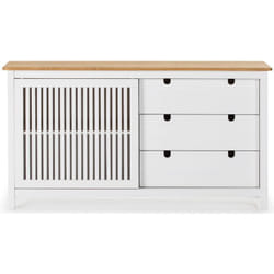 Buffet bas en pin massif décor ciré chêne et blanc, meuble de rangement - Longueur 150 x Profondeur 40 x Hauteur 80 cm Pegane