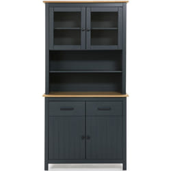 Vitrine en pin massif décor ciré chêne et bleu, meuble de rangement - Longueur 90 x Profondeur 40 x Hauteur 180 cm -PEGANE-