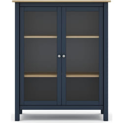 Vitrine en pin massif chêne et bleu, meuble de rangement avec 2 portes - Longueur 90 x Profondeur 40 x Hauteur 110 cm Pegane