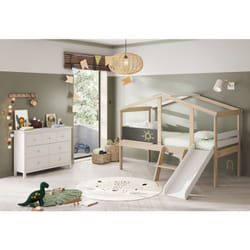 Lit enfant Tobogan en pin et mdf coloris blanc, gris anthracite - Longueur 204,9 x Profondeur 187,3 x Hauteur 147 cm Pegane