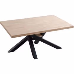 Table à manger avec un plateau en bois de chêne naturel au toucher doux à bords droits ainsi que des pieds en métal noir croi ...