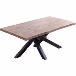 Table à manger avec un plateau en bois de chêne miel et des pieds en métal noir croisés situés au centre avec une finition ép ...