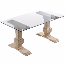 Table de salle à manger avec plateau en verre trempé transparent et des jambes coloniales en bois naturel sculpté. Résistante ...