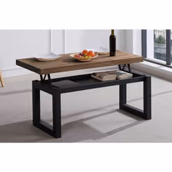 Table basse avec tiroir de rangement interne à revues sous le couvercle avec plateau relevable en bois de chêne foncé, struct ...