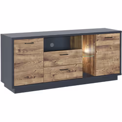 Meuble TV avec éclairage LED coloris Chêne, graphite, conçu en panneaux de particules mélaminés. Equipé de 2 portes + 2 tiroi ...