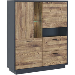 Pegane - Buffet haut avec led, meuble de rangement coloris Chêne, graphite - Longueur 125 x Profondeur 38 x Hauteur 147 cm