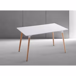 Table de cuisine, table à manger avec plateau en panneaux de particules mélaminés coloris blanc mat avec pieds naturel. Chais ...