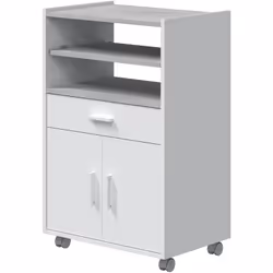 Meuble pour micro-ondes sur roulettes en bois mélaminé blanc effet béton. Dispose d'un tiroir, 2 portes avec 3 poignées et 2 ...