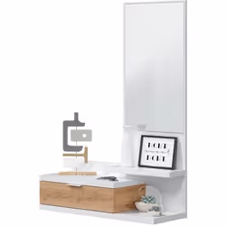 Meuble d'entrée en mélamine de haute qualité, avec une finition en blanc et chêne. Possède un miroir, 3 étagères et un tiroir ...