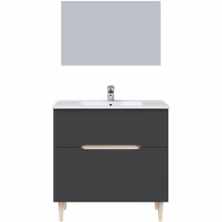Meuble de salle de bain avec miroir, une porte abattante et un tiroir à glissières métalliques. Fabriqué en panneaux de parti ...